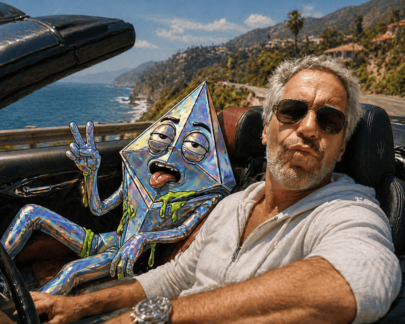 ERC-67 mascot riding shotgun in a convertible by the coast