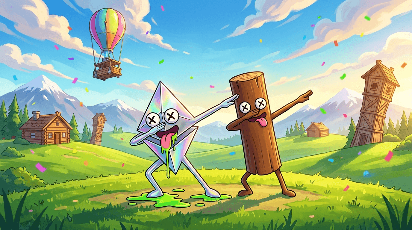 ERC-67 mascot dabbing alongside a wooden log character