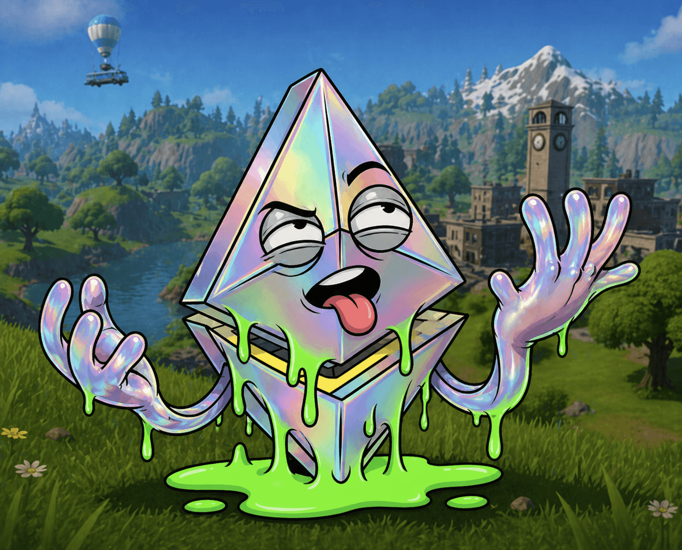 ERC-67 mascot standing in a stylized cartoon landscape