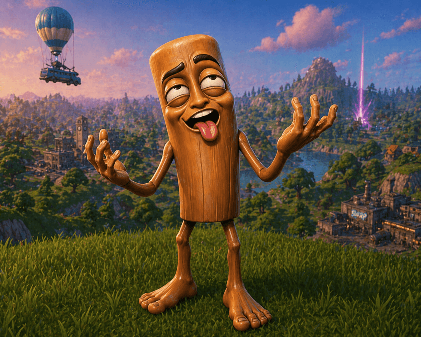 Wooden log brainrot character standing in a stylized landscape