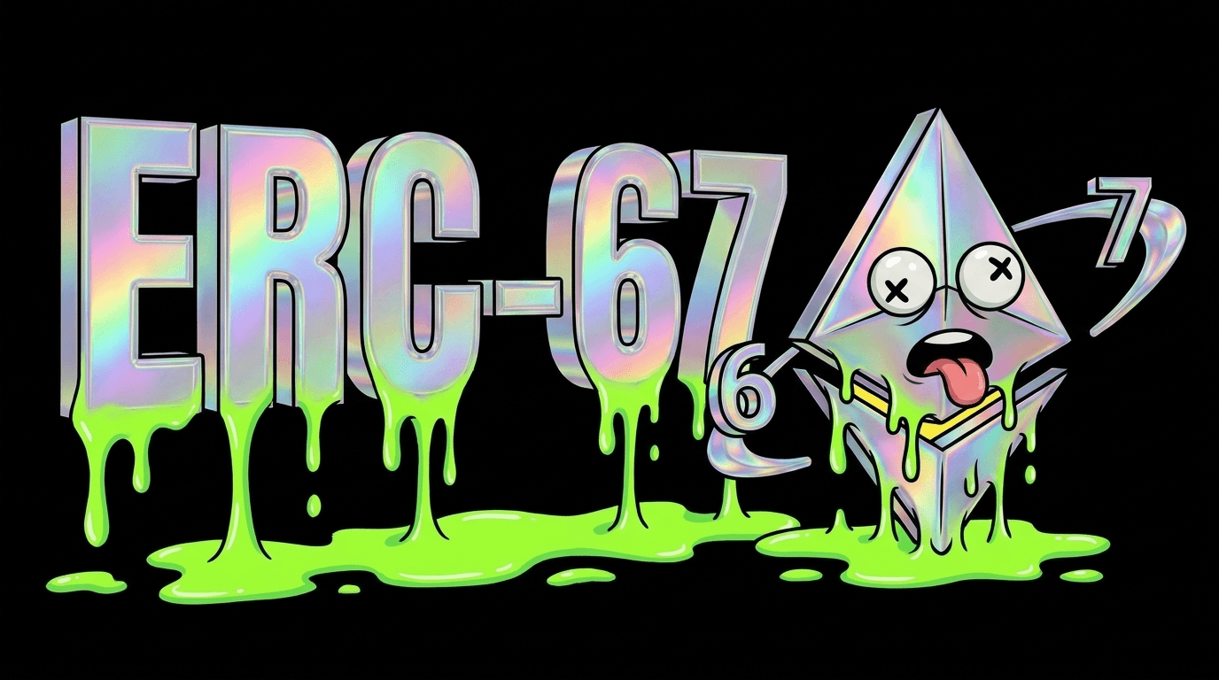 ERC-67 chrome holographic wordmark with mascot