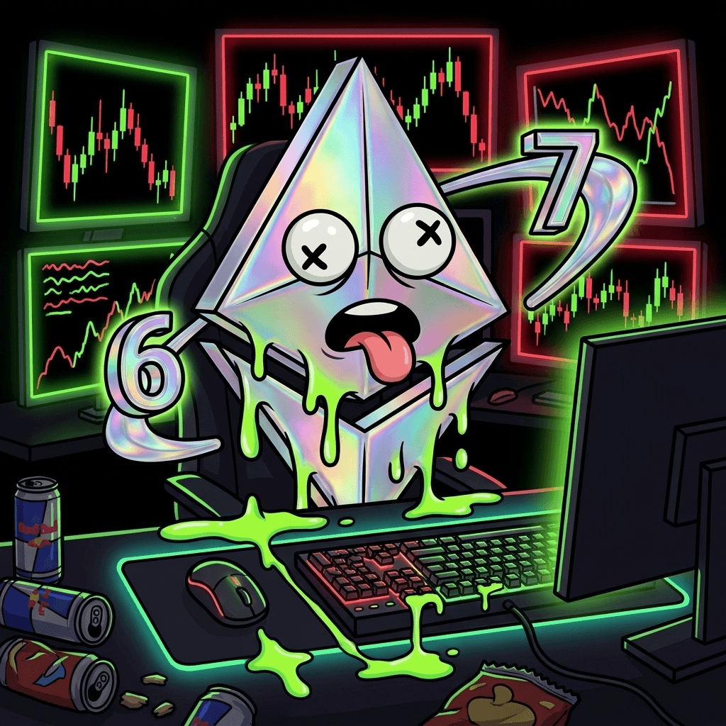 ERC-67 mascot at a trading desk with charts and energy drinks
