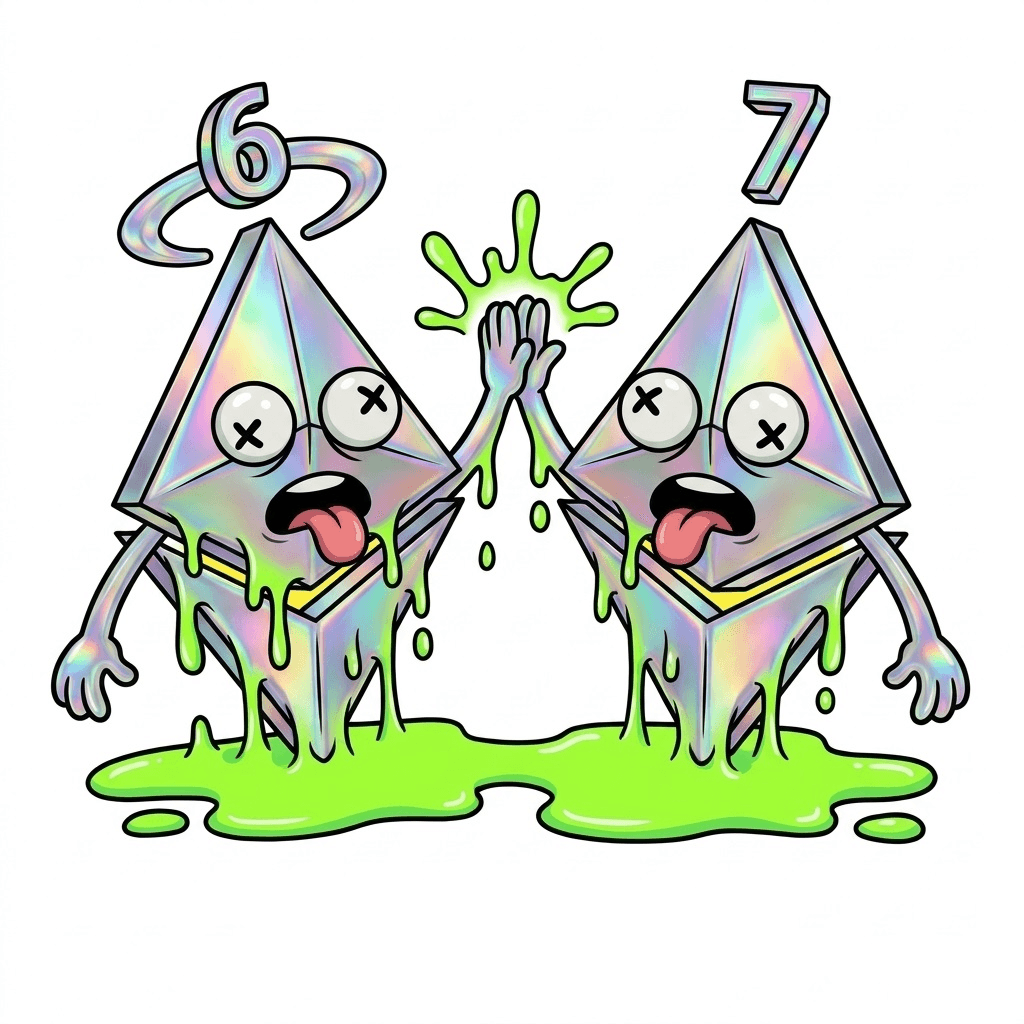 Two ERC-67 mascots high-fiving, one labelled 6 the other 7